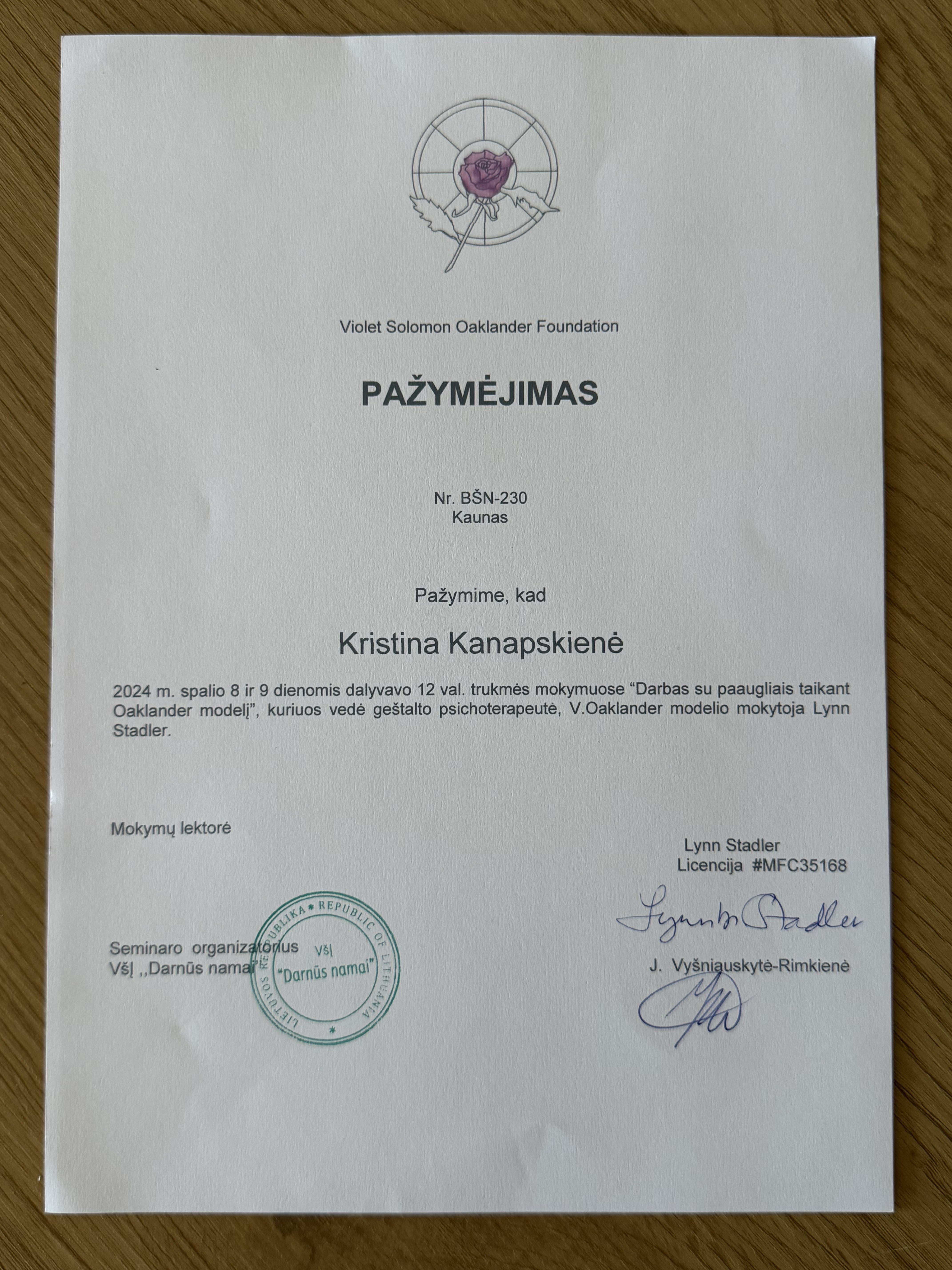 Geštalto psichoterapijos kvalifikacijos sertifikatas